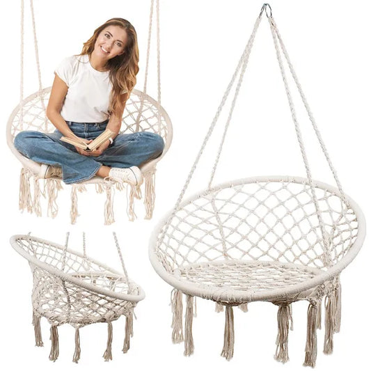 Bézs boho függőszék „gólyafészek”, 120 kg, fém keret, kültérre-beltérre