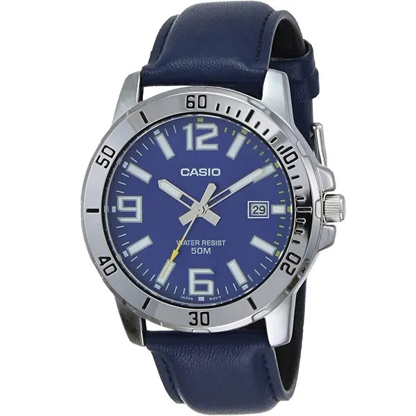 Casio MTP-VD01L-2BV férfi kvarc karóra, acél tok, bőr szíj, WR50, dátum, 45 mm