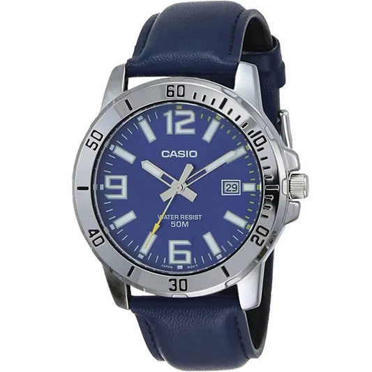 Casio MTP-VD01L-2BV férfi kvarc karóra, acél tok, bőr szíj, WR50, dátum, 45 mm