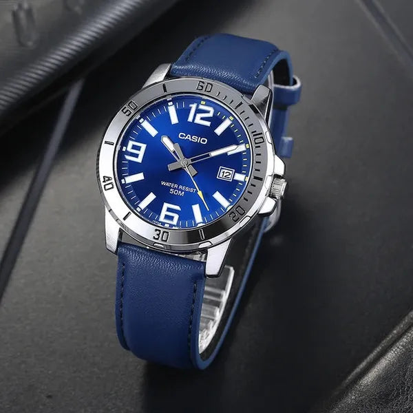 Casio MTP-VD01L-2BV férfi kvarc karóra, acél tok, bőr szíj, WR50, dátum, 45 mm