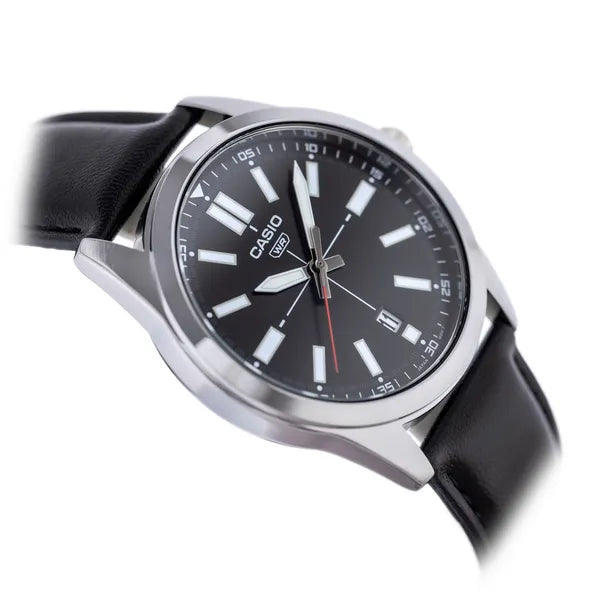 Casio férfi karóra fekete bőrszíjjal, 41 mm, dátumkijelzős, WR30