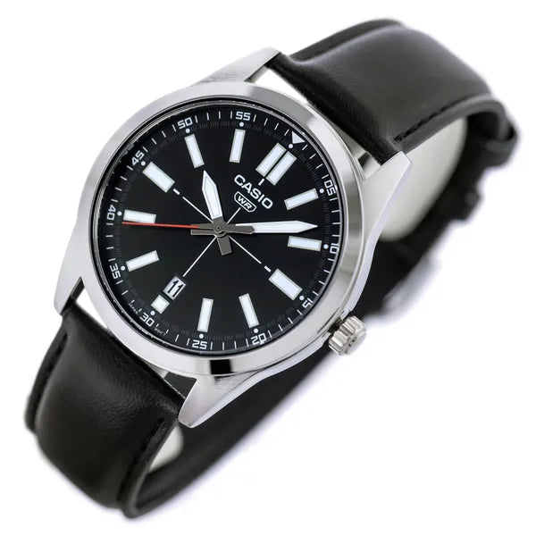 Casio férfi karóra fekete bőrszíjjal, 41 mm, dátumkijelzős, WR30