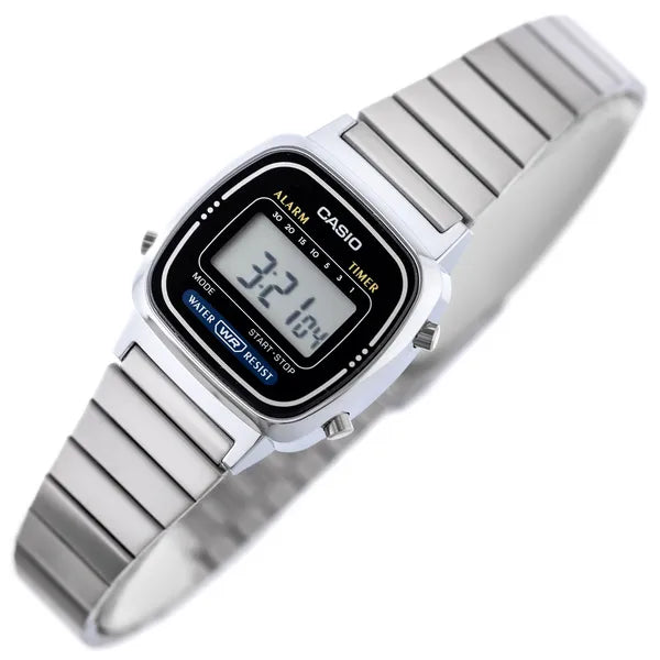Casio Vintage LA670WA-1D női karóra, ezüst nemesacél, fekete kijelző