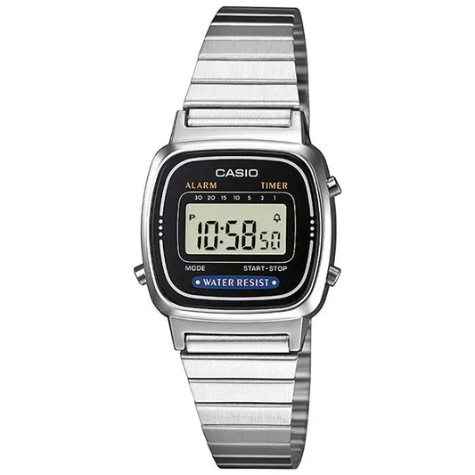 Casio Vintage LA670WA-1D női karóra, ezüst nemesacél, fekete kijelző