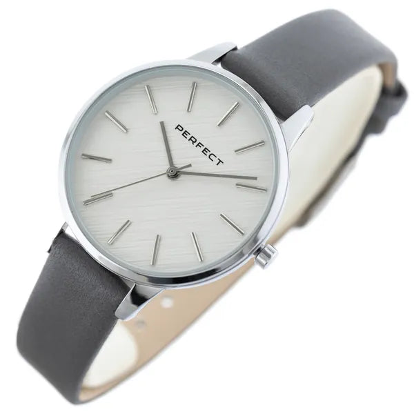 Perfect női karóra, ezüst számlap, szürke bőrszíj, 34 mm, WR30