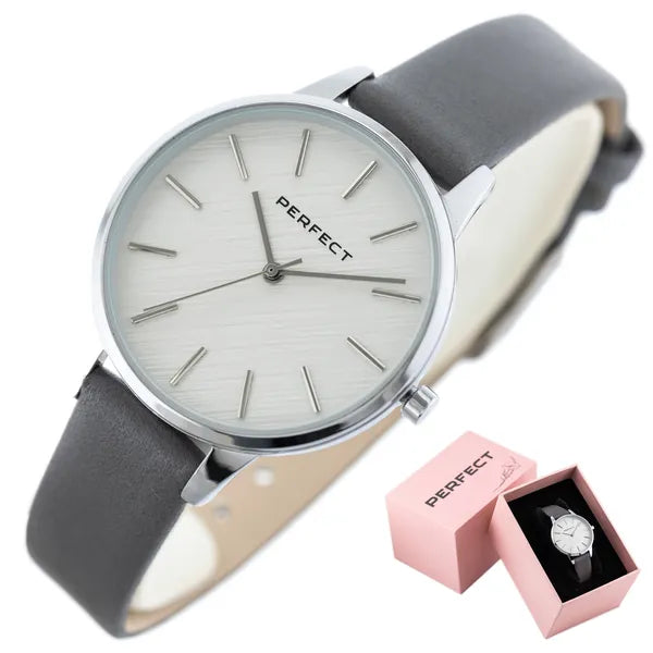 Perfect női karóra, ezüst számlap, szürke bőrszíj, 34 mm, WR30