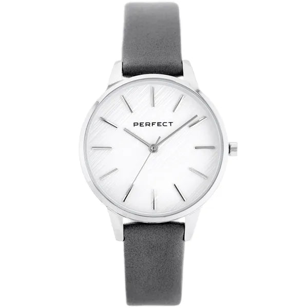 Perfect női karóra, ezüst számlap, szürke bőrszíj, 34 mm, WR30