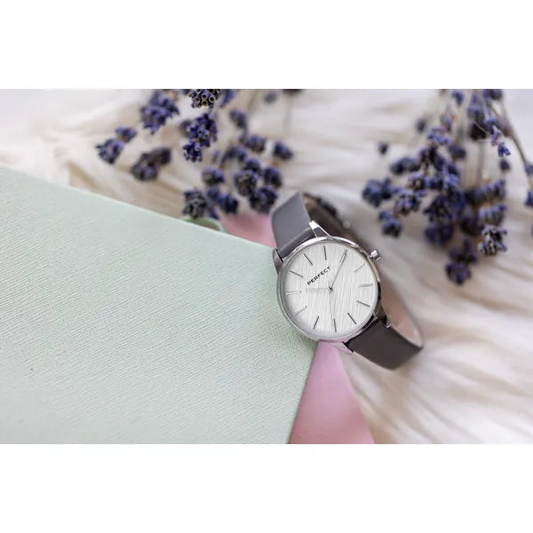 Perfect női karóra, ezüst számlap, szürke bőrszíj, 34 mm, WR30
