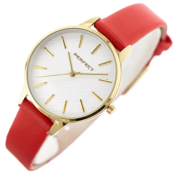Női karóra, kvarc, arany 34 mm tok, piros bőrszíj, ezüst számlap
