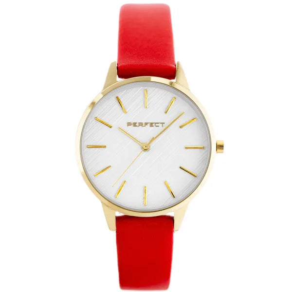 Női karóra, kvarc, arany 34 mm tok, piros bőrszíj, ezüst számlap