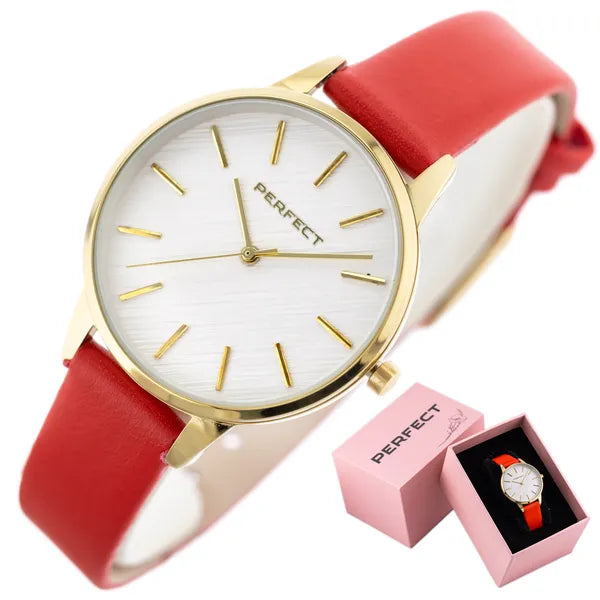 Női karóra, kvarc, arany 34 mm tok, piros bőrszíj, ezüst számlap