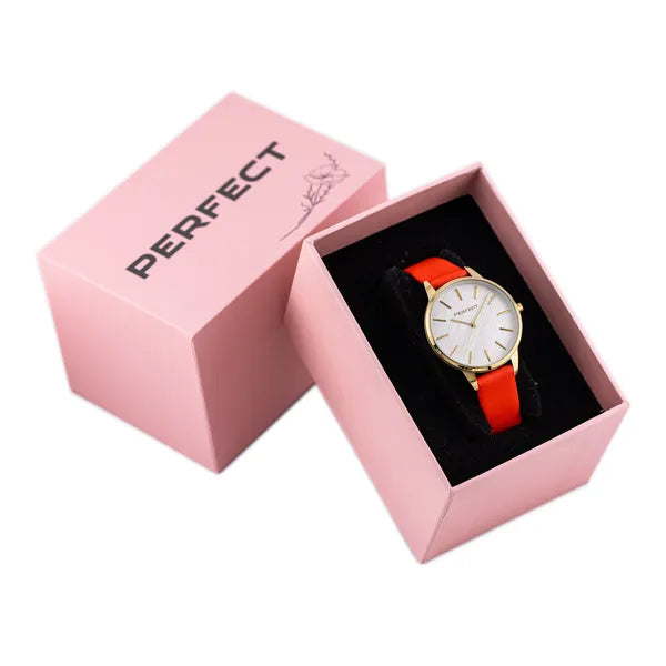 Női karóra, kvarc, arany 34 mm tok, piros bőrszíj, ezüst számlap
