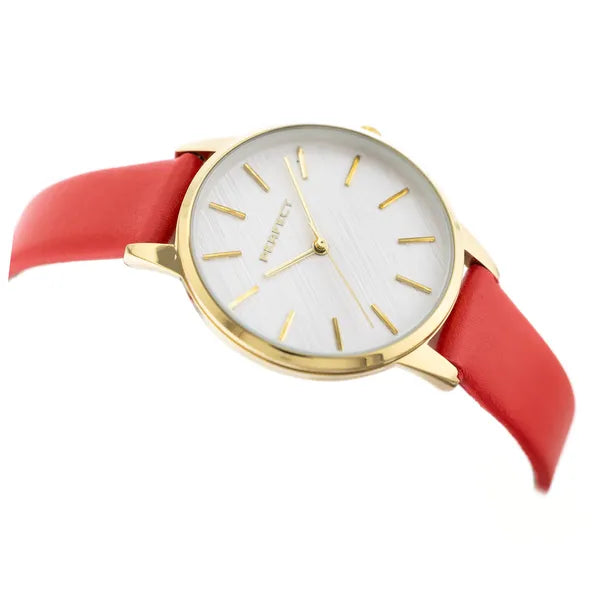 Női karóra, kvarc, arany 34 mm tok, piros bőrszíj, ezüst számlap