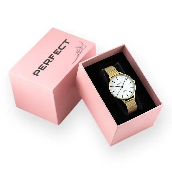 Perfect női karóra, arany fémszíj, ezüst számlap, 36 mm tok, kvarc