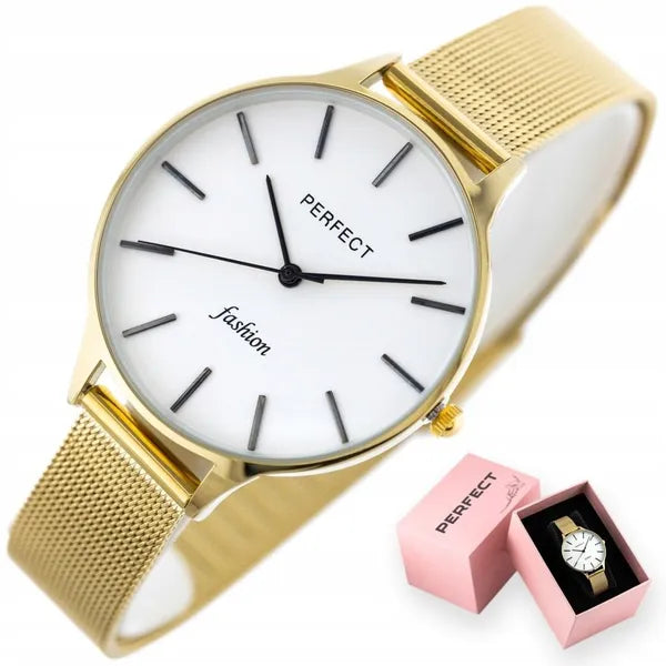 Perfect női karóra, arany fémszíj, ezüst számlap, 36 mm tok, kvarc