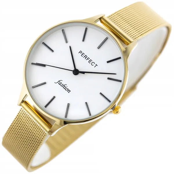 Perfect női karóra, arany fémszíj, ezüst számlap, 36 mm tok, kvarc
