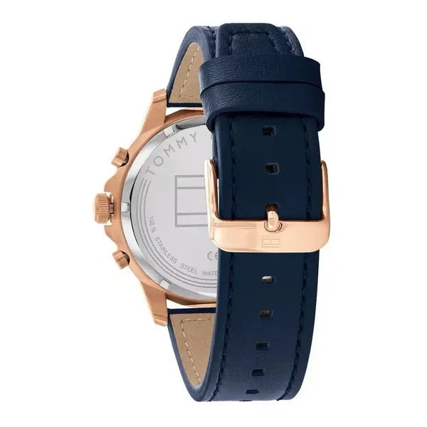 Tommy Hilfiger Henry férfi karóra, 44 mm, bőr szíj, kék/rozéarany