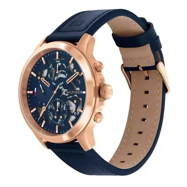 Tommy Hilfiger Henry férfi karóra, 44 mm, bőr szíj, kék/rozéarany