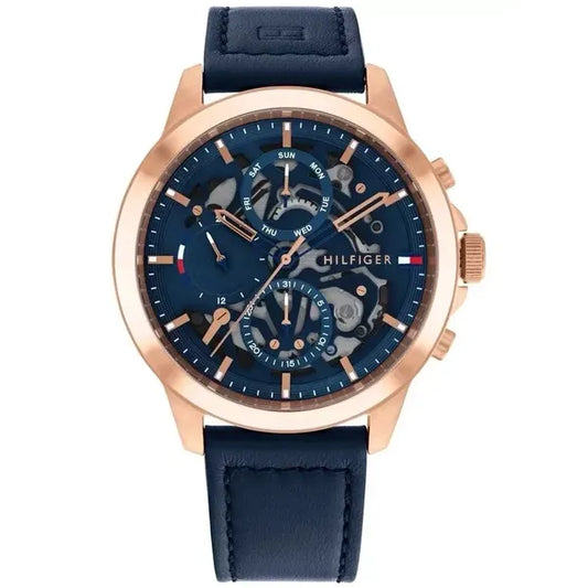 Tommy Hilfiger Henry férfi karóra, 44 mm, bőr szíj, kék/rozéarany