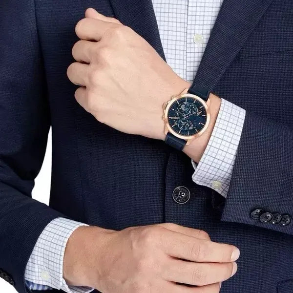 Tommy Hilfiger Henry férfi karóra, 44 mm, bőr szíj, kék/rozéarany