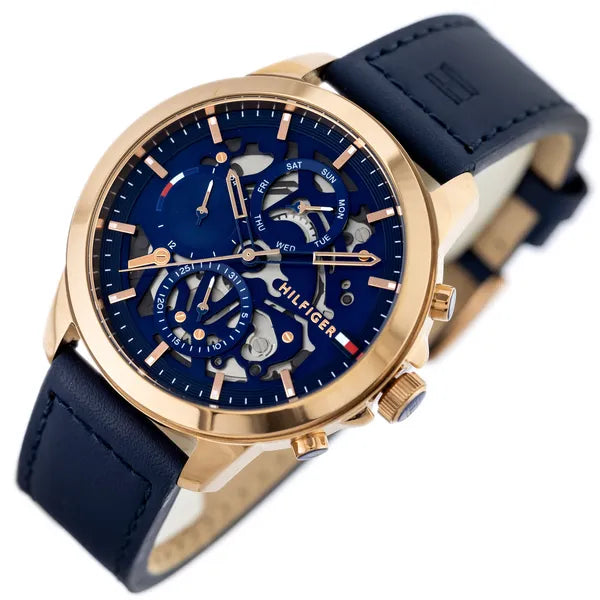 Tommy Hilfiger Henry férfi karóra, 44 mm, bőr szíj, kék/rozéarany