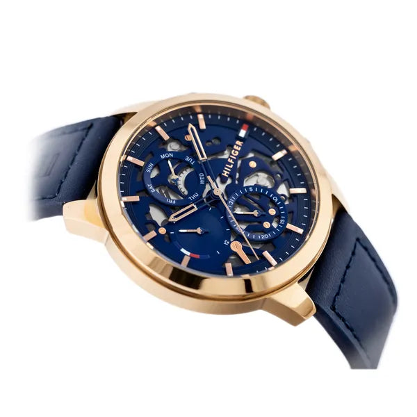 Tommy Hilfiger Henry férfi karóra, 44 mm, bőr szíj, kék/rozéarany
