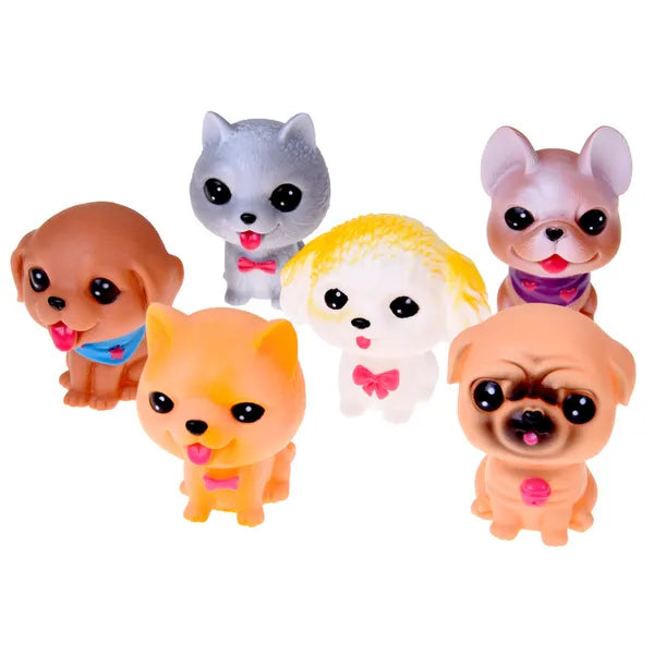 6 darabos gumiból készült sípoló kutyus figura szett, 7 cm