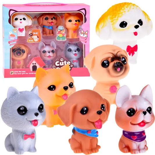 6 darabos gumiból készült sípoló kutyus figura szett, 7 cm