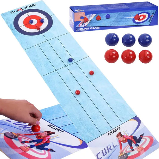 Asztali curling ügyességi társasjáték filc pályával 120×29 cm, 6 kő