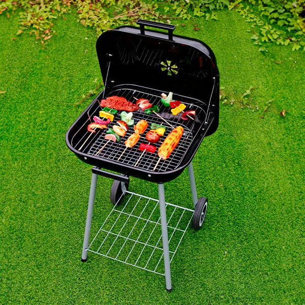 Kerti faszenes grill fedéllel és kerekekkel, 43×40 cm rács