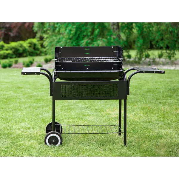 Kerti faszenes grill 53×34 cm állítható rostéllyal, polcokkal, kerekekkel