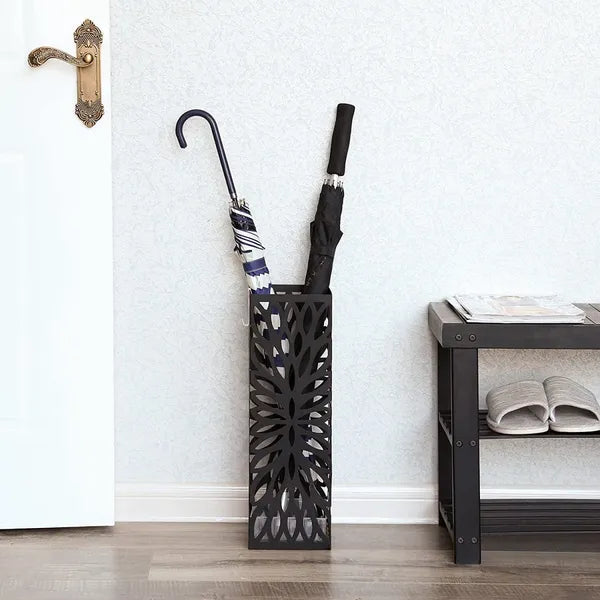 Modern fekete acél esernyőtartó 15,5×15,5×49 cm, csepegtetőtálcával