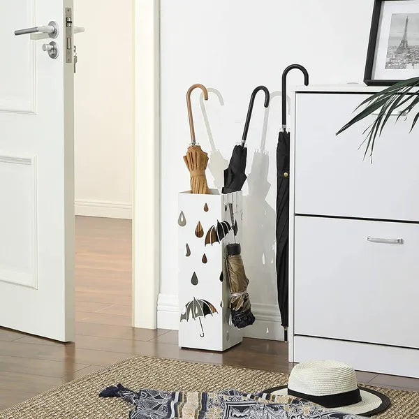 Modern fehér esernyőtartó acél vázzal, 49 cm, kivehető tálcával