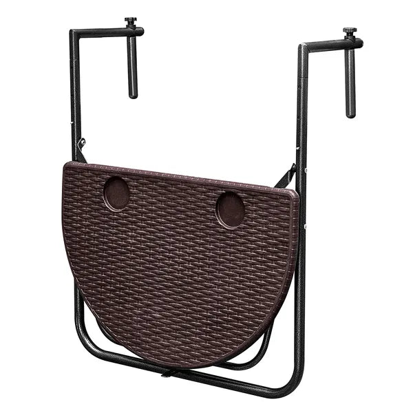 Összecsukható barna HDPE erkélyasztal korlátra akasztva, 64×60 cm