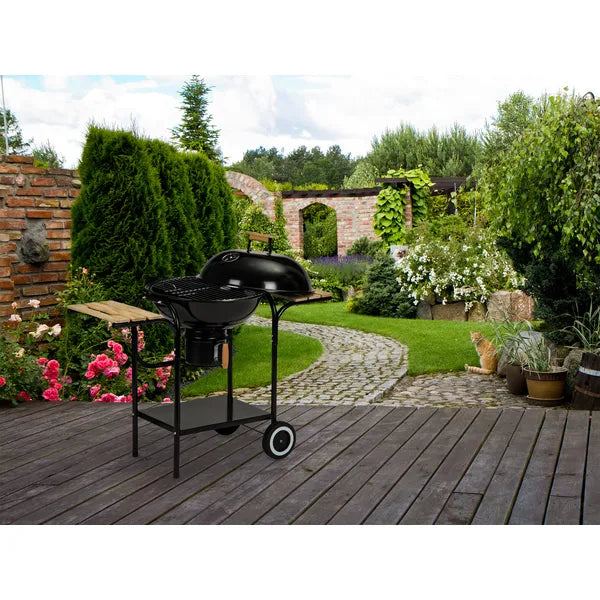 Faszénes kerti grill fedéllel, 40 cm krómozott rostéllyal, polcokkal, kerekekkel