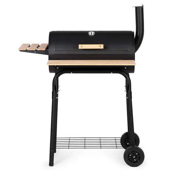 Nagyméretű kerti grill hőmérővel, kéménnyel, 3 polccal és kerekekkel