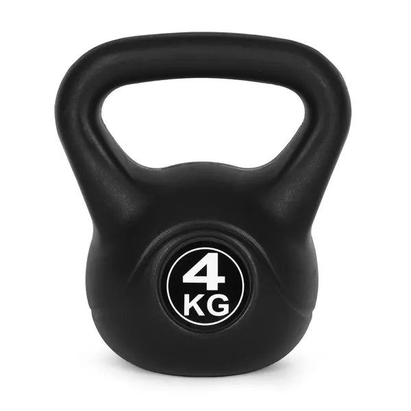 Kettlebell 4 kg műanyag burkolattal, cement maggal, lapos talppal