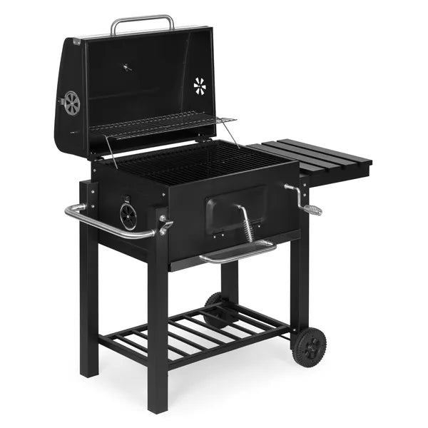 Nagy faszenes kerti grill fedéllel hőmérővel polcokkal kerekekkel és légfúvóval
