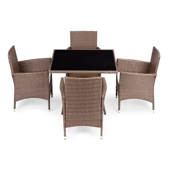 Polyrattan kerti bútor szett, 4 szék + edzett üveg asztal, világosbarna