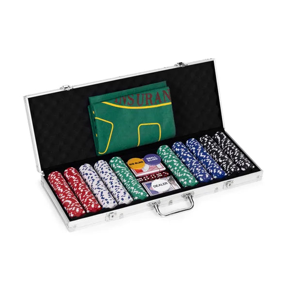 Póker és blackjack készlet, 500 zseton, szőnyeg, dobókocka, zárható koffer