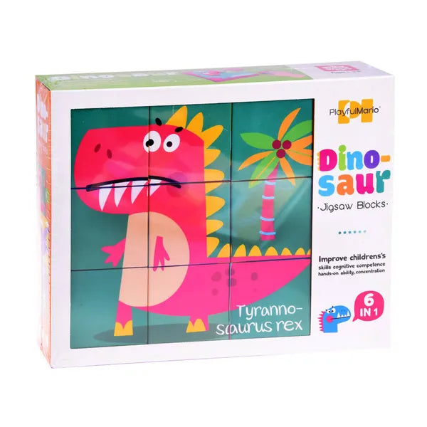 Dinókocka puzzle készlet, 9 db nagy kartonkocka, 6 kép