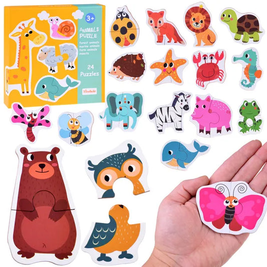 Színes, 24 darabos állatos két-részes karton puzzle, 3+ év