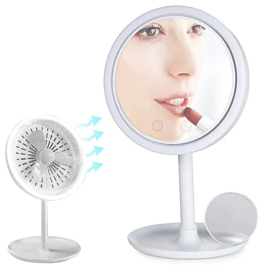 LED kozmetikai sminktükör ventilátorral, 5× nagyítás, USB/akkumulátor, 20 cm