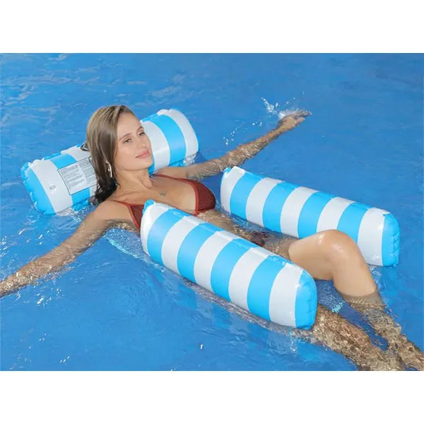 Felfújható vízi hálóágy úszó szék, kék-fehér, 110×90 cm, PVC hálós