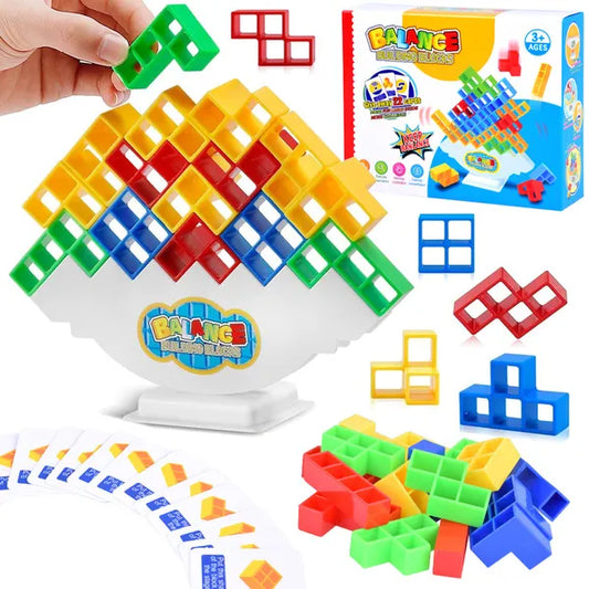 3D egyensúlyozó torony játék, 16 színes blokk + 22 kártya