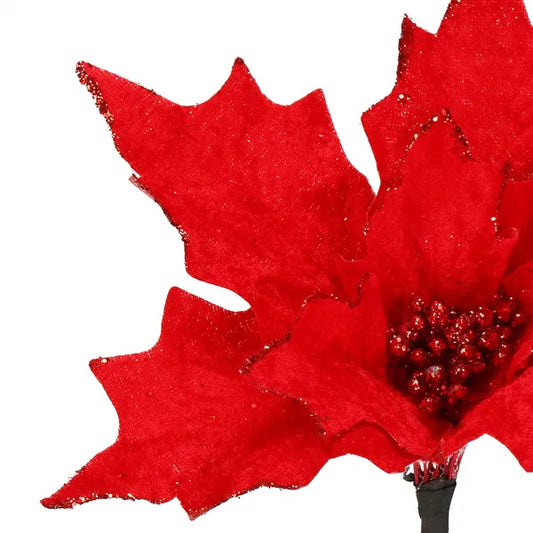 Mikulásvirág karácsonyi dísz, piros, glitteres, 23 cm átmérő
