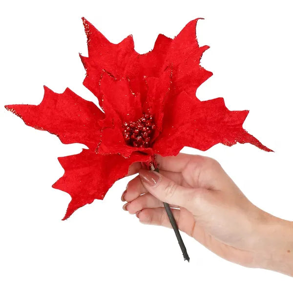 Mikulásvirág karácsonyi dísz, piros, glitteres, 23 cm átmérő