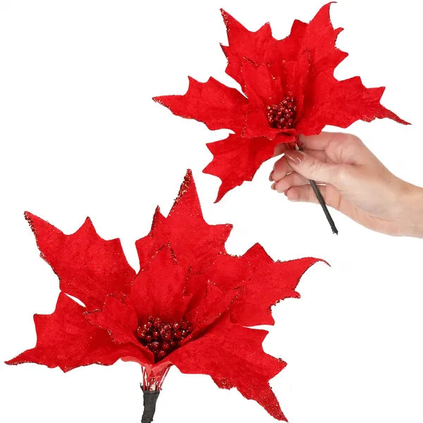 Mikulásvirág karácsonyi dísz, piros, glitteres, 23 cm átmérő