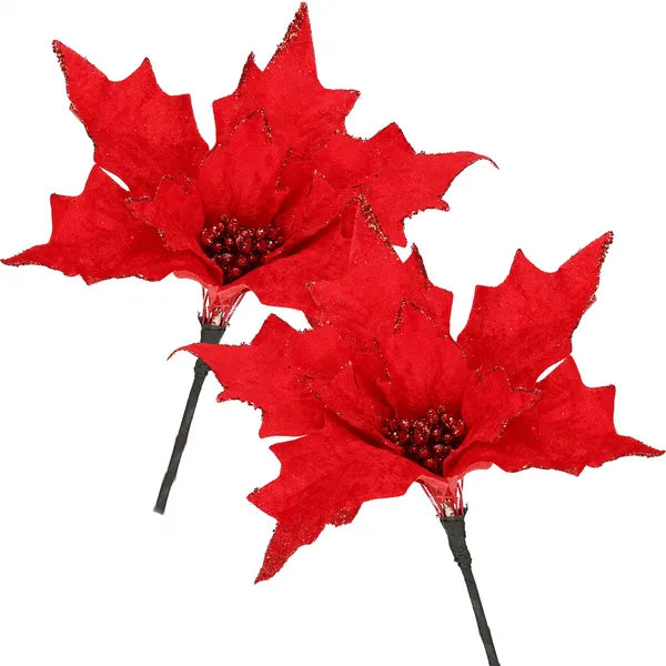 Mikulásvirág karácsonyi dísz, piros, glitteres, 23 cm átmérő