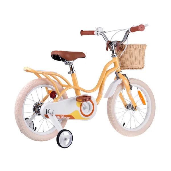Retro 16" lány gyermekkerékpár kosárral, oldalkerekekkel, sárga